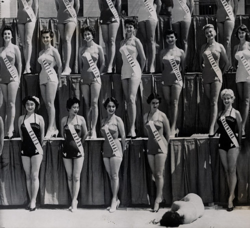 midcenturymodernfreak:Hot Girl1954 Entrants for the Miss Universe Beauty Pageant pose for the press 