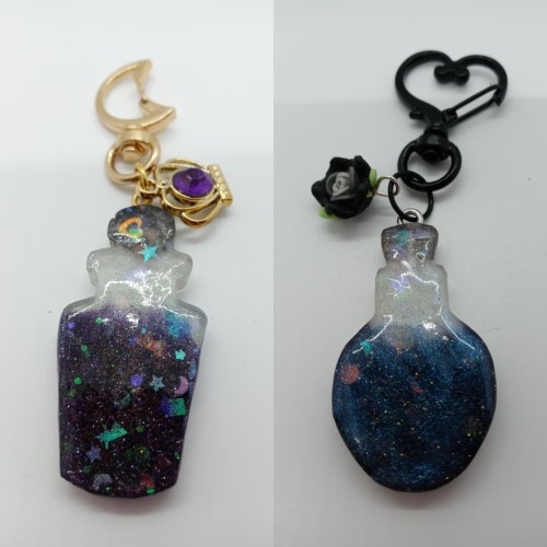 Purple + Black Potion Keychains - Part of the second set made, this time covered in another UV resin