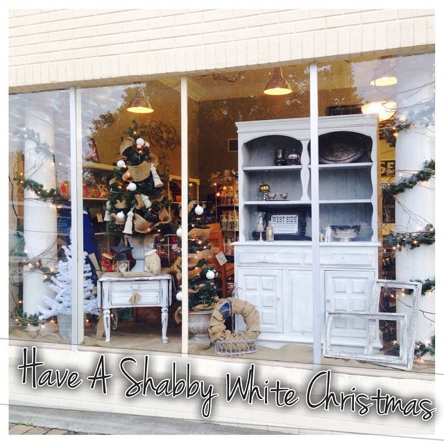 Holiday Window Done!!! It’s a #shabby #white #christmas but #nottooshabby for #downtown #ocoee #orlando #windermere #wintergarden #highfalootinjunk #paintedfurniture #vintage #furniture @westsidemercantile (at West Side Mercantile & Brocante)