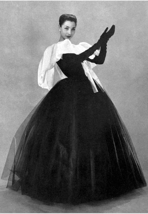 ealylo:   Renee Breton in black silk tulle & white organdy outfit by Christian Dior, photograph 