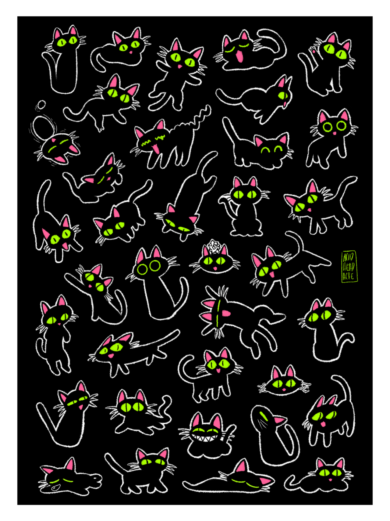 A digital illustration of many, many Kuronekos from Trigun. Kuroneko is depicted as a little black cat with neon green eyes and a pink mouth and ears. In each doodle she is posed differently: sitting, sleeping, running, walking, playing, lying down, etc. The background of the drawing is also black, so each Kuroneko is outlined in white to help her stand out.