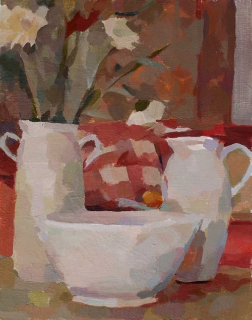 Two Jugs , One Bowl     -     Chris Bennett British,b.1957-Acrylic on canvas, 45 x 39 cm.