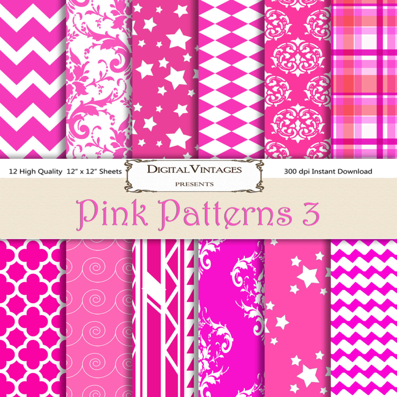 Hot Pink Digital Paper, Digital Papers, Neon Pink, Background, Patterned, bright pink, dark pink pink, fuchsia digital patterns, magenta