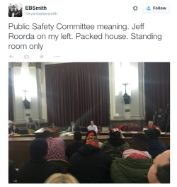 justice4mikebrown:January 28Jeff Roorda, Missouri State Representative and head of the STL Police Officers Association, wears “I Am Darren Wilson” bracelet and shoves woman during the #CivilianOversight/Public Safety Committee meeting. Livestreams