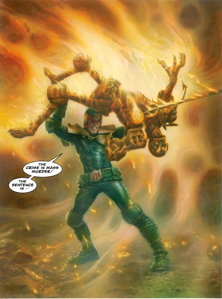 2000adonline:  Judge Dredd vs. Dark Judge Fire - Greg Staples.Things are ‘hotting