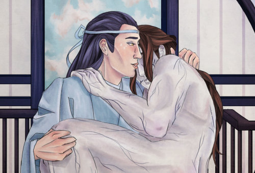 some wangning aftercare for wangning day[id: a digital drawing of lan wangji and wen ning from mo da