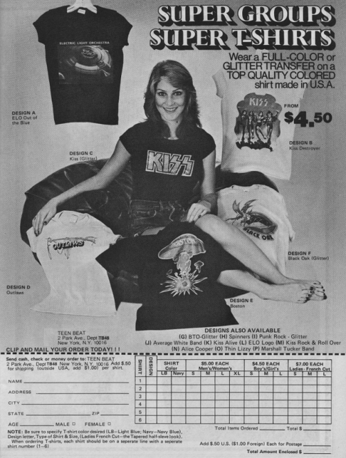 2timesaweek: bilbao-song:Band t-shirt advertisement from Teen Beat, April 1978 KISS ADDS IN TEEN BEA