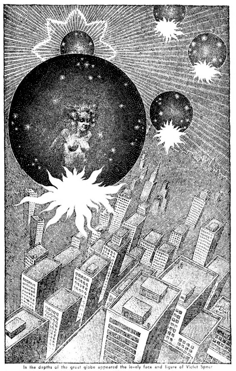 Virgil Finlay (1914-1971), ‘Magnetic Miss Meteor’, “Amazing Stories”, Vol. 18, #2, 1944S