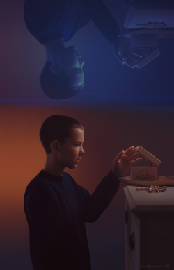 euclase:  Pretty, drawn in PS.[Caption: A realistic digital painting of Eleven from Stranger Things. Portrait is in profile from the waist up. Eleven is wearing a dark blue sweatshirt. Her head is shaved, and she’s standing at a girl’s dresser, opening