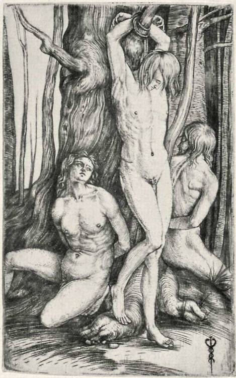Jacopo de’ Barbari (c. 1440 – before 1516), Three naked men handcuffed to a tree