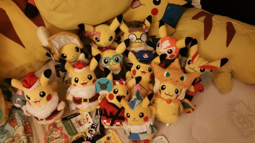 kittyichooseyou:Pikachu cosplay plush collection!