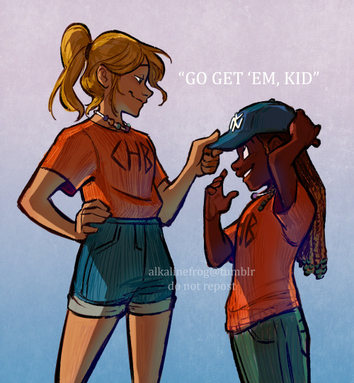 lesbianvamps:alkalinefrog:To our new Wise-girl [ID: an illustration of annabeth chase putting a new 
