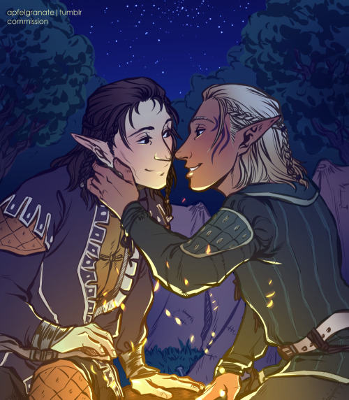 apfelgranate: commission for walkintoasylum, of their elven warden and zevran. 