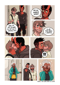 tobiasandguy:  026 - A kiss before going to work “I think Mrs. Thompson from next door shipped you guys hard.” - Diego 