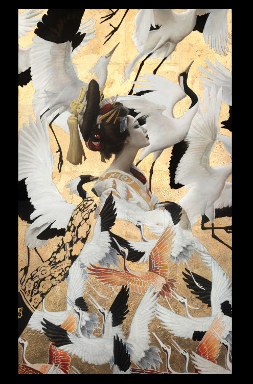 thecollectibles:    Cranes by  Pandora Young Oil and gold leaf on watercolor paper, 2019. 