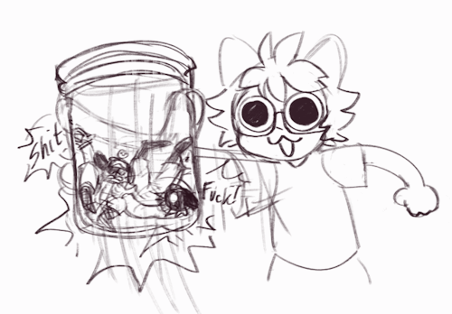 A two frame animated gif of the artist holding out a jar that contains Penguin and Shachi. They are being shaken up and down, causing the two to slam around in the jar, swearing and cursing the whole time.