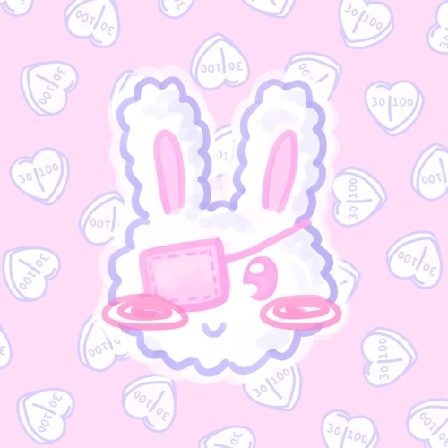 little menhera bun[ID: fluffy albino bunny face wearing a pink eye patch on a baby pink background s