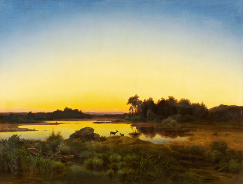 Anton Zwengauer “Deer in landscape at sunset”