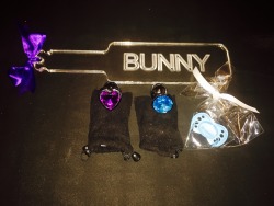 leatherlacedbass:  redbumbunny:  I have been a seriously spoilt Bunny today. Sir bought me loads of new toys and presents which arrived from Etsy this morning!! I got a new personalised paddle, 2 princess plugs and a new personalised dummy. Very happy