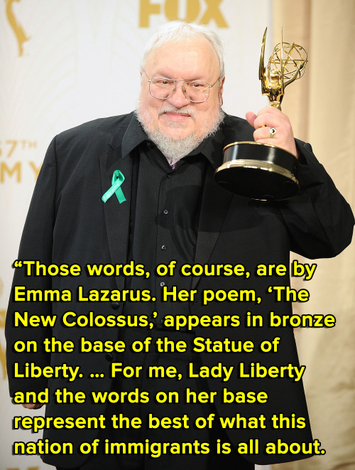 micdotcom:  George RR Martin sends a powerful message about Syrian refugees on his blog On Friday, the ‘Game of Thrones’ author posted a passionate defense of Syrian refugees to his LiveJournal. Using Emma Lazarus’ poem “The New Colossus,”