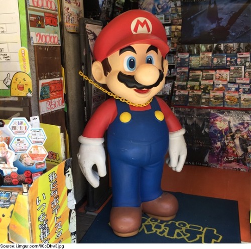 buffafro:suppermariobroth:Mario statue found in a store in Japan.Restrained for our safety