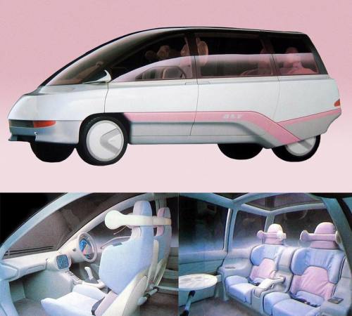 randomitemdrop:neontalk: Subaru BLT 1987Item: futuristic pastel transport van[ID: three brochure pho