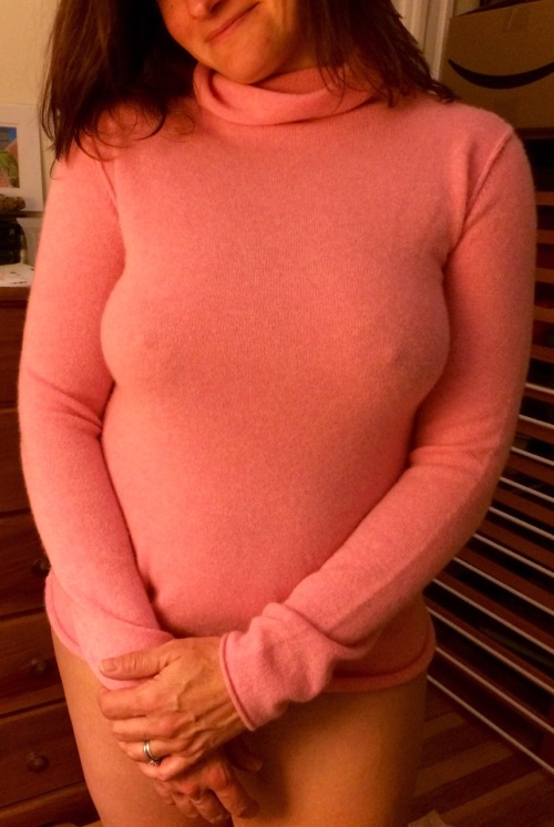 mylargebreastedwife:New cashmere sweater. I love how it displays not just her nipples, but also her 
