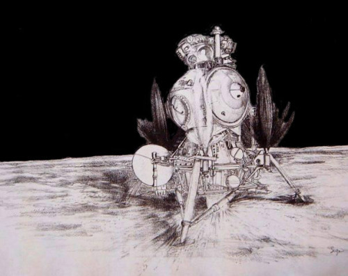 for-all-mankind:spacewatching:Russian landing on the moon.  All drawn by Serge GracieuxBeautifu