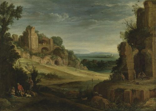 Paul Bril, Landscape with a hunting party and Roman ruins (17th century)