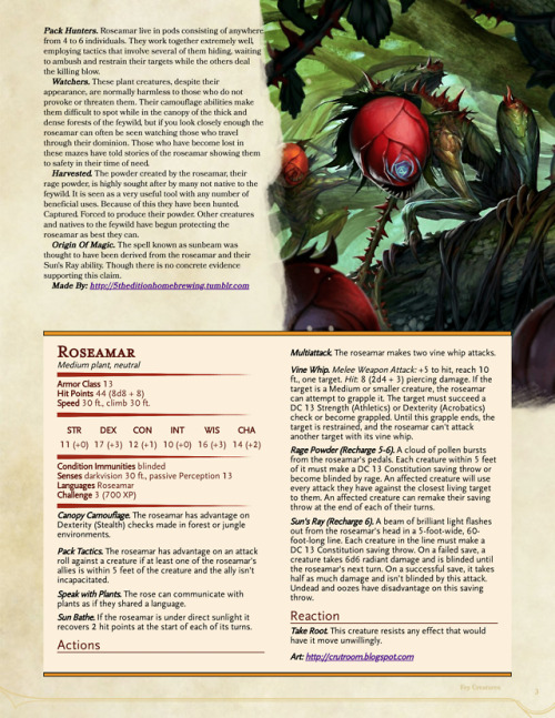 5theditionhomebrewing:Oh hey, monsters to use in the Feywild! A fairy, a dinosaur, and a plant. Ther