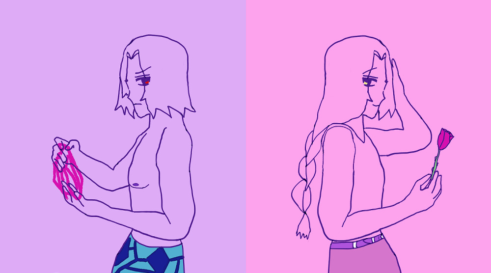 On the left in lavender is Antonio who is looking back irritably with a visible red eye, a frown and furrowed brow. He's without a shirt, and holding fuchsia threads doing some sort of cat's cradle, as well as wearing an aquamarine-and-blue lungi. On the right in pink is golden-eyed [implied thru the egg yellow] Fernando who is looking back with a long braid and easy smile, holding a fuchsia rose. He's wearing a form-fitting tanktop and a lavender belt and light violet-looking pants.