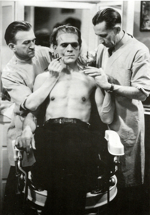 Sex Boris Karloff undergoing make-up application pictures