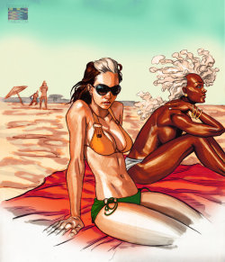 timothydelaghetto:  thehappysorceress:  Rogue and Storm at the beach by Ron Ackins  Ah… my elementary school fantasy illustrated