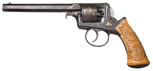 An exhibition engraved and gold inlaid Deane Adams double action revolver with carved ivory grips, o