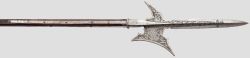 art-of-swords:  German State Halberd of the Guard of the Emperor Ferdinand I  Dated: 1563 Measurements: head length 52.9 cm. Overall length 223.2 cm The head features a broad central spike formed with a medial ridge, rear fluke cut with wavy edges