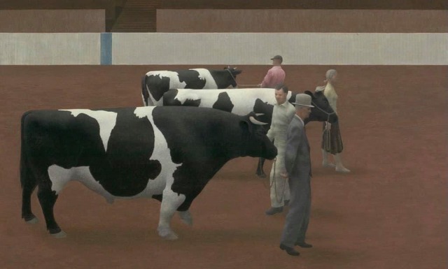 Painting of people standing with cows, but in a style that looks like Playstation 1 graphics