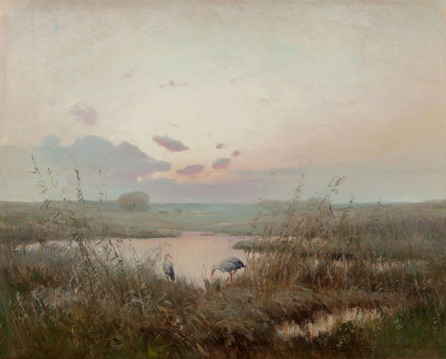 catonhottinroof:Serhii Vasylkivsky (1854  - 1917) Marshes at Sunset with Two Walking Cranes