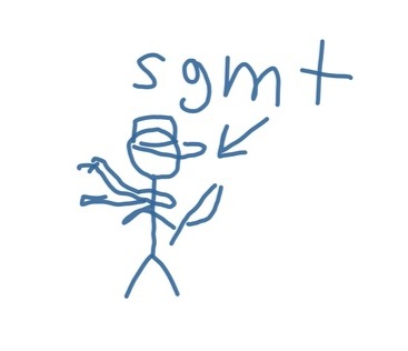 a crude doodle of a stickman in a hat and a scarf with a big knife. the writing says "sgmt" with an arrow pointed at him