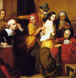 witch-finder-general:  Circa 1580 The European Witch Hunts.An accused Witch being stripped and searched for the “Devils Mark.”  No part of her body would have been left covered or unprobed.[It was believed that the Devil placed upon his human brides,