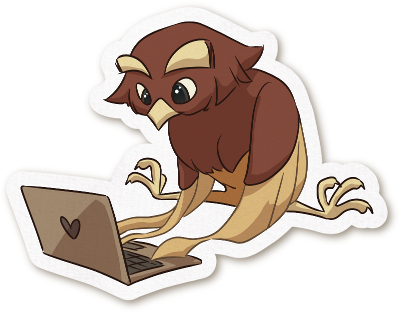 Image of a cartoon owl in shades of brown reading from an open laptop.