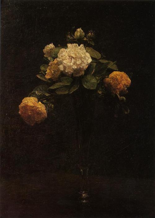 artist-latour: White and Yellow Roses in a Tall Vase, 1876, Henri Fantin-LatourMedium: oil,canvashtt