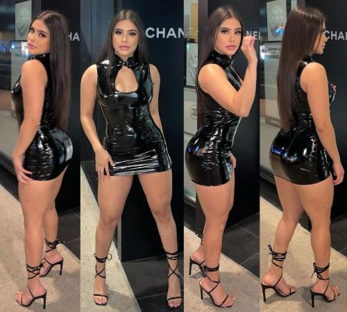 Shiny black dress, strappy black open toe heels