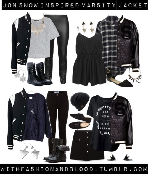 Jon snow inspired varsity jacket looks by withfashionandblood featuring a black skirtRag bone crop t