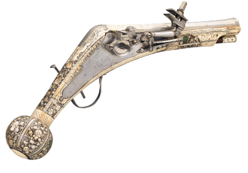 Ornate staghorn mounted German wheel-lock pistol, circa 1580.from Thomas Delmar Auctions