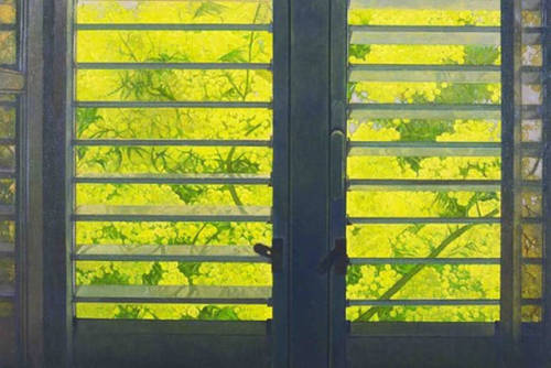 Mimosa behind the shutters   -   Sonia Alvarez , 2000French, b.1932-Oil on canvas, 60 x 92 cm.  