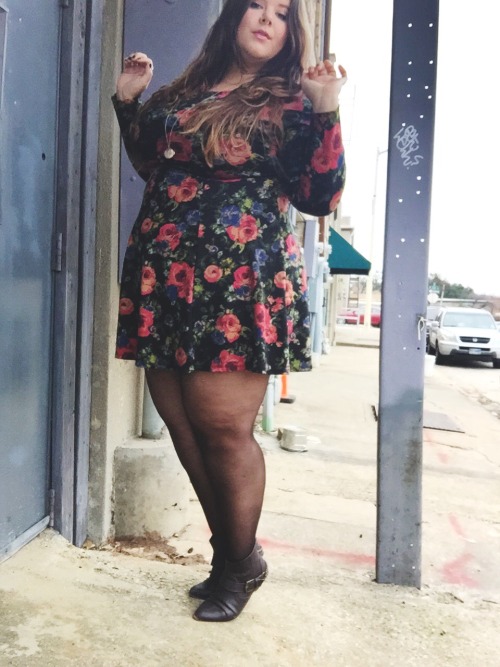 nataliemeansnice:  fats in florals.   outFAT of the day:  burnt orange amazing coat: asoscurve, US 18  floral long sleeve skater dress: forever21, US 3X sheer tights: catherine’s, size C chain booties: forever21, size 8