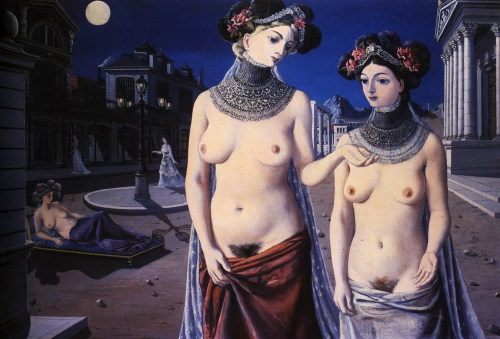 thebodyfull: Paul Delvaux- The Strollers. 1947. (Les promeneuses) Oil on canvas, 130 x 180 cm. Jean 