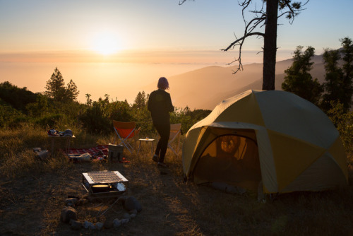 Big Sur at sunset with a nice assortment of vegan camp food. Beyond Burgers with Upton’s Bacon