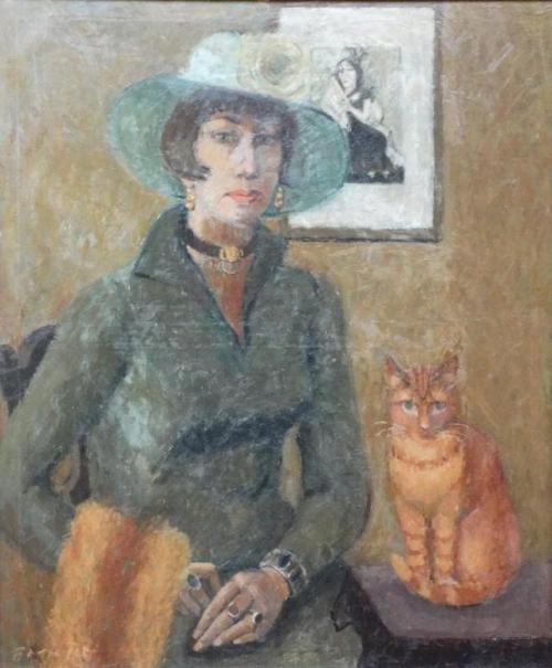 Elegant Lady with Red Cat  -   Basje PotDutch,1922-2003Oil on canvas, 114 x 95 cm.