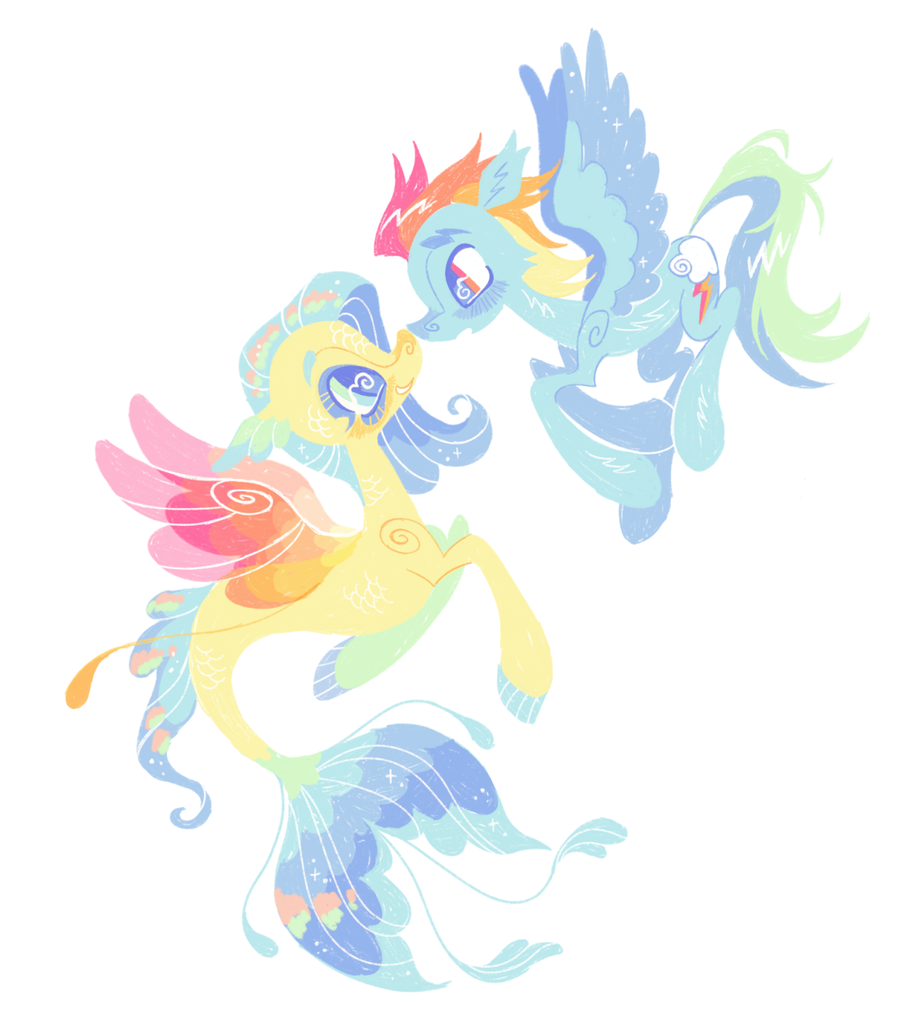 a drawing of skystar and rainbow dash from my little pony. slystar is a yellow sea pony with blue fins, and she is looking up to the right, touching rainbow's nose with her nose and smiling. rainbow is flying and looking down to the left with a surprised expression.